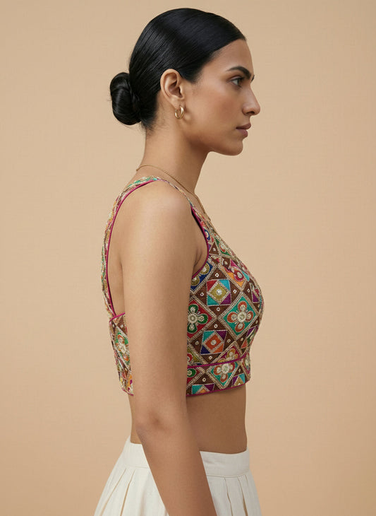 Viraasat Brown Embroidered Designer Saree Blouse