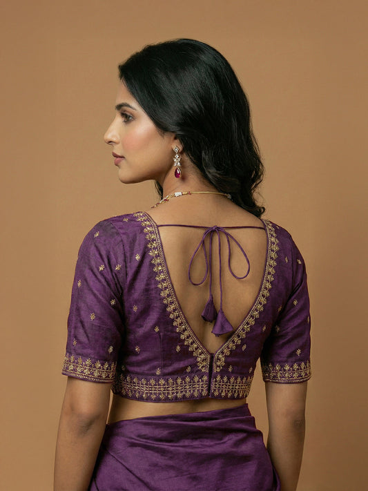 Women's Purple Capri Silk Embroidered Saree Blouse