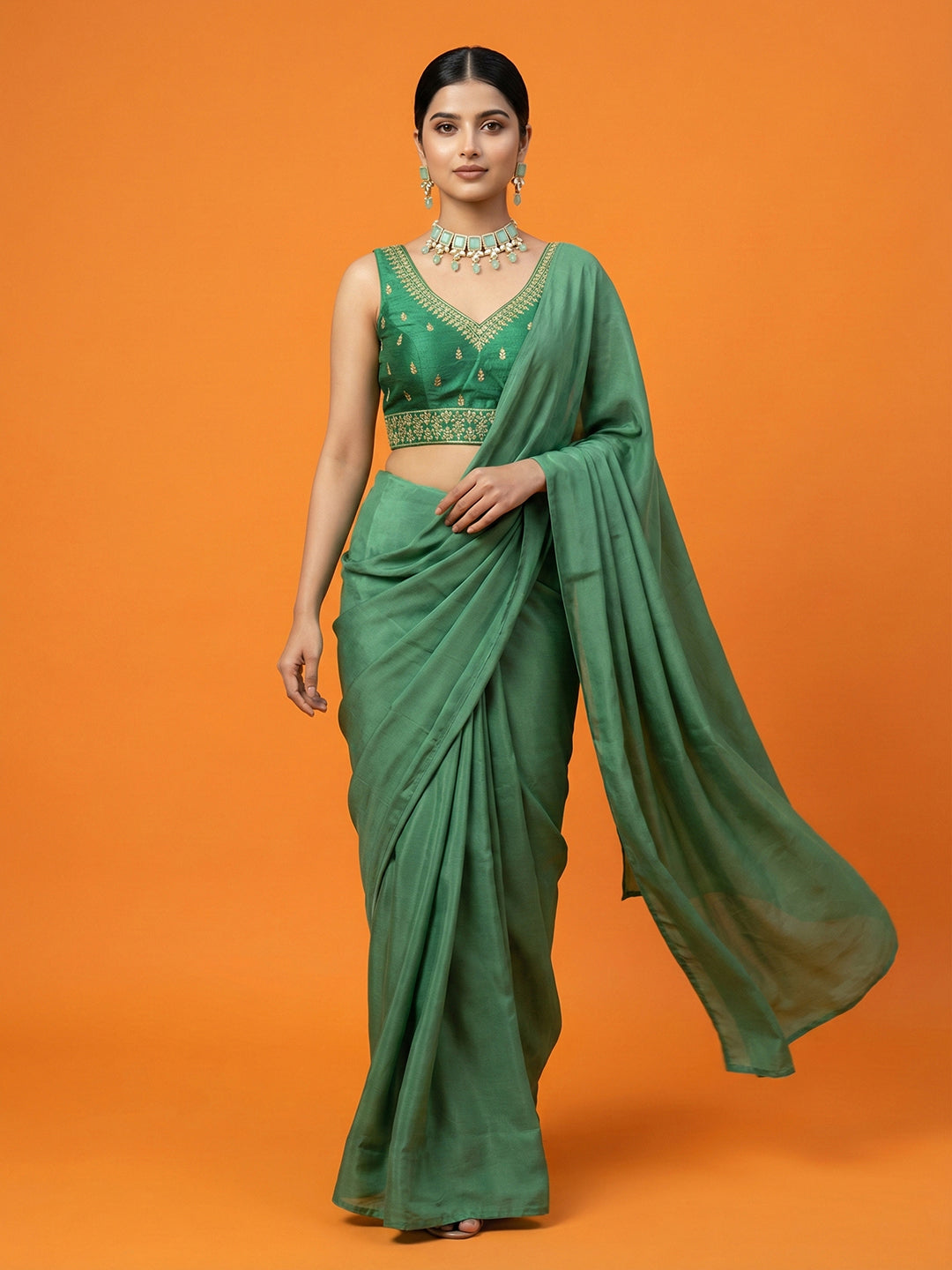 Silk Embroidered Bottle Green Saree Blouse