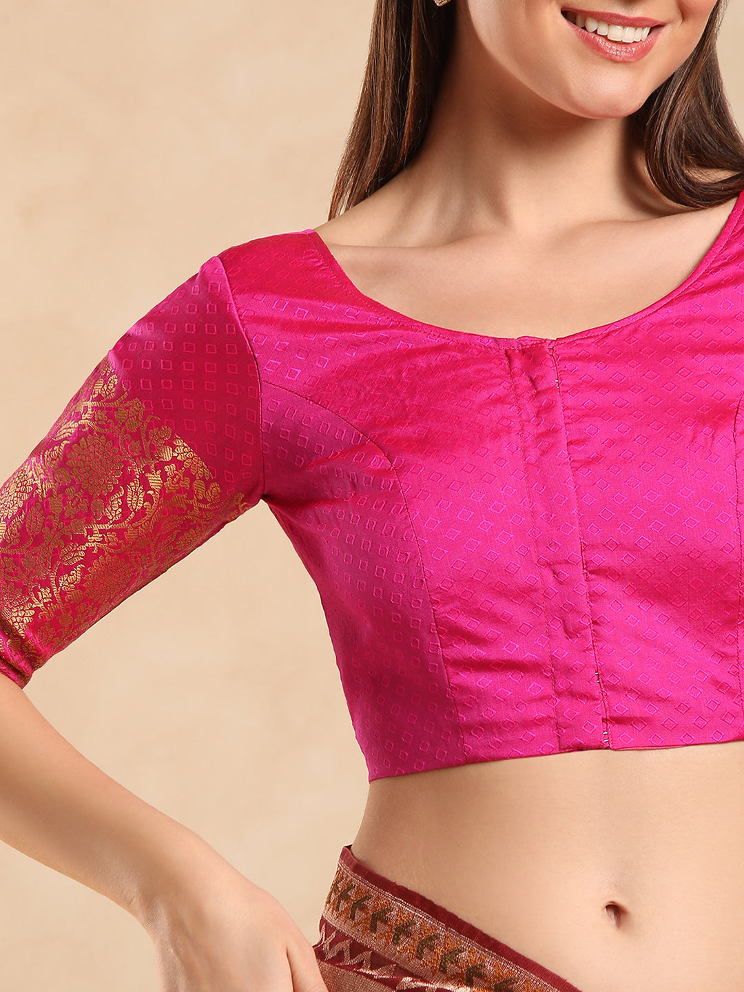 Pink woven, padded, short sleeves saree blouse
