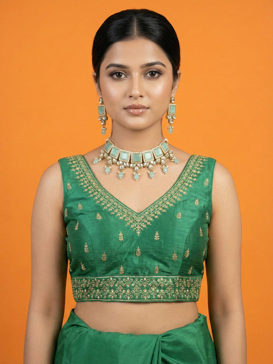 Silk Embroidered Bottle Green Saree Blouse