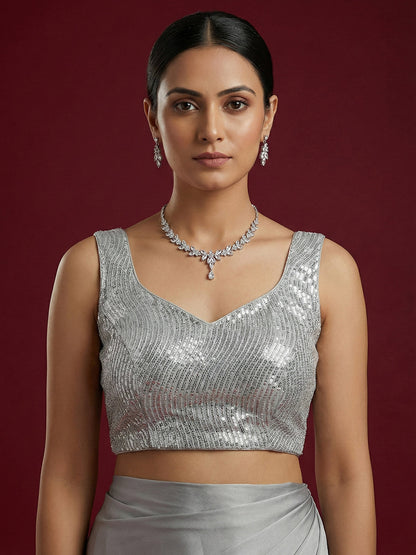 Embellished Silver Saree Blouse