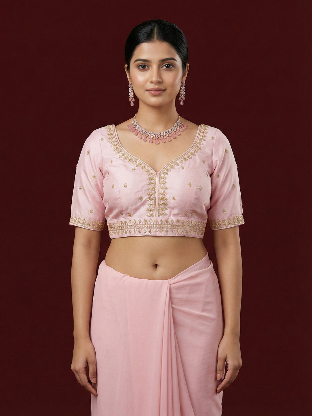 Women's Pink Capri Silk Embroidered Saree Blouse