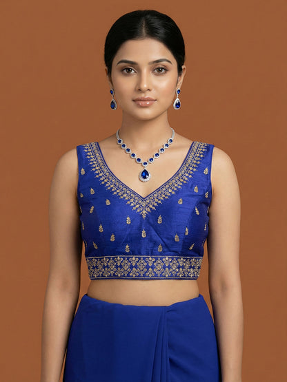Silk Embroidered Royal Blue Saree Blouse
