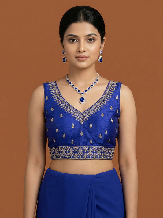 Silk Embroidered Royal Blue Saree Blouse