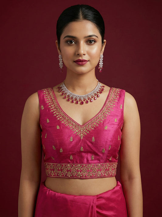 Silk Embroidered Dark Rani Saree Blouse