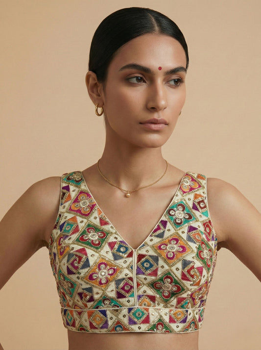 Viraasat Cream Embroidered Designer Saree Blouse