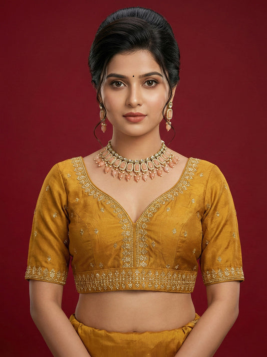 Women's Mustard Capri Silk Embroidered Saree Blouse