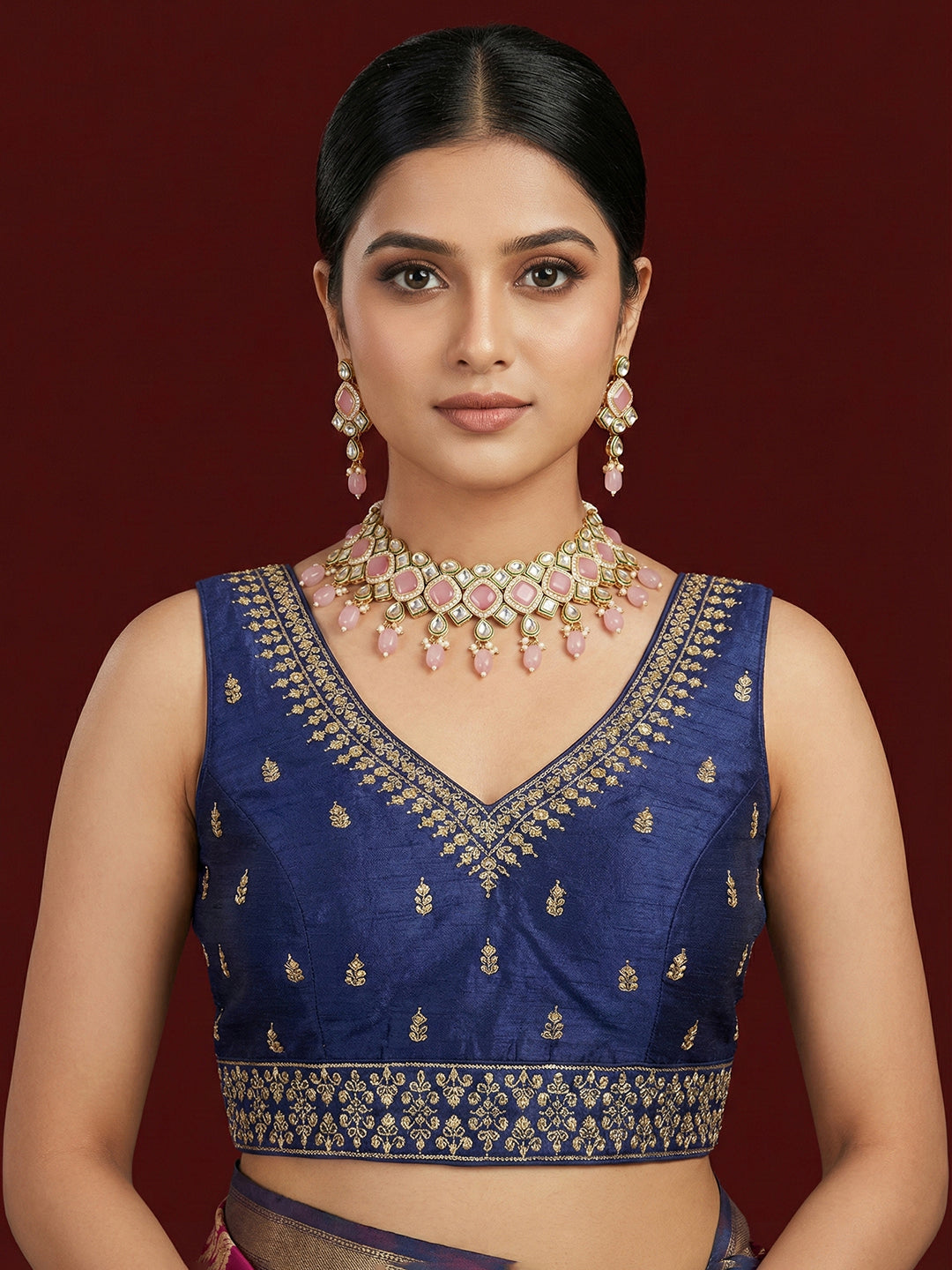 Silk Embroidered Navy Blue Saree Blouse