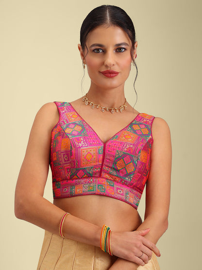 Woven Dark Pink Multi Colour Design Saree Blouse