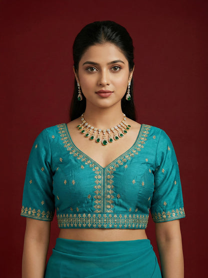 Women's Rama Capri Silk Embroidered Saree Blouse