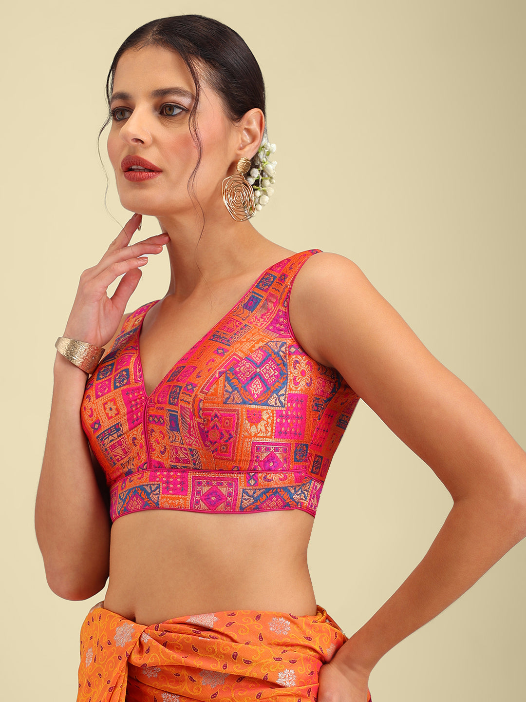 Woven Light Pink Multi Colour Design Saree Blouse