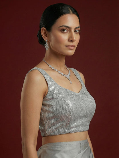Embellished Silver Saree Blouse