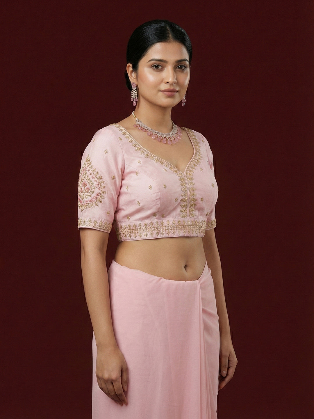 Women's Pink Capri Silk Embroidered Saree Blouse