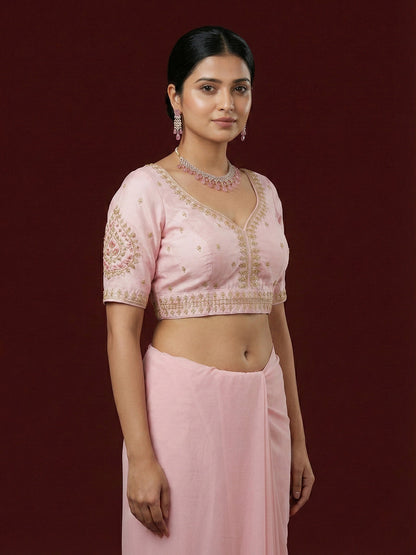 Women's Pink Capri Silk Embroidered Saree Blouse