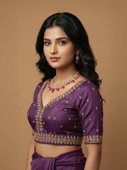 Women's Purple Capri Silk Embroidered Saree Blouse