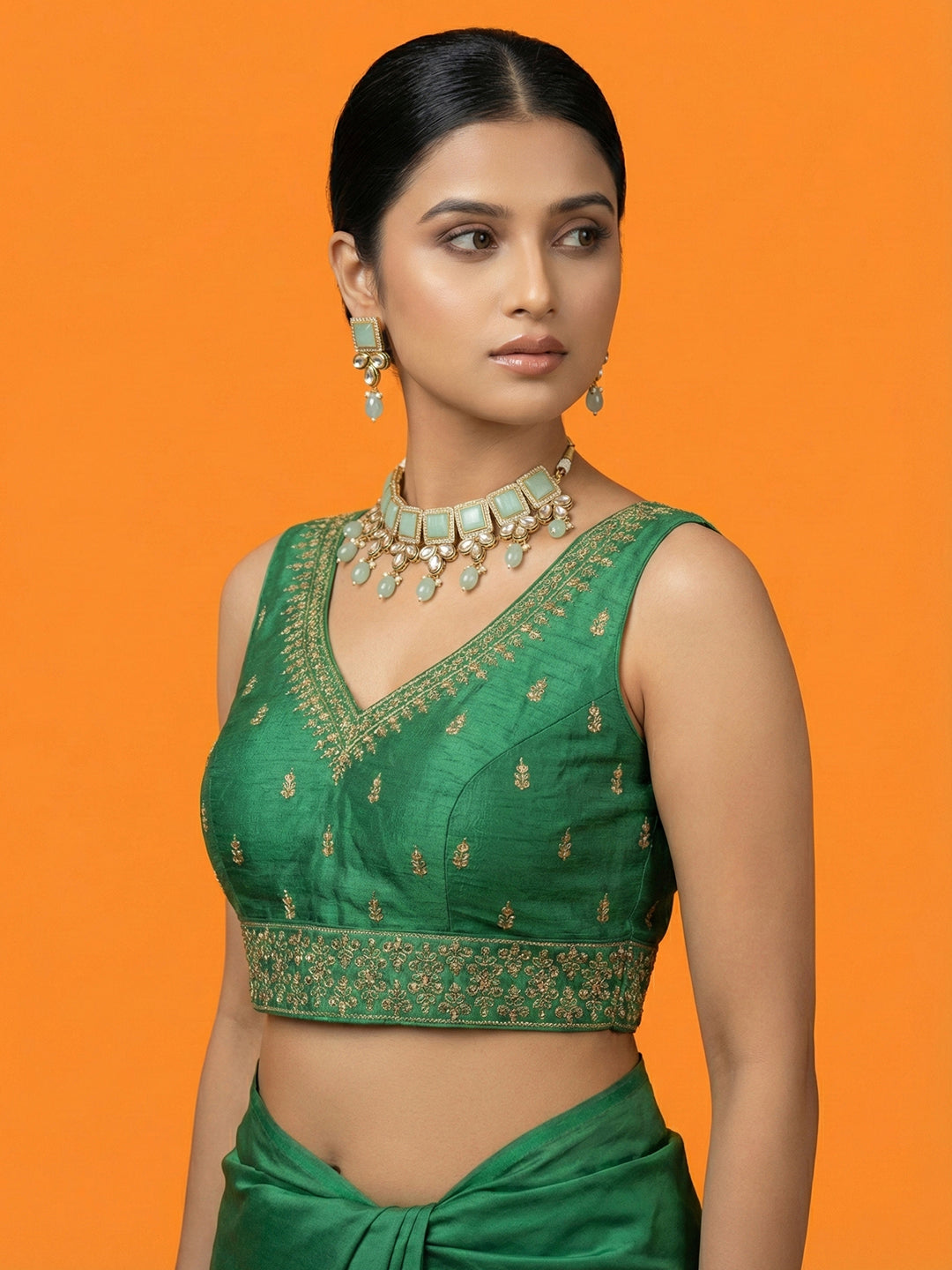 Silk Embroidered Bottle Green Saree Blouse
