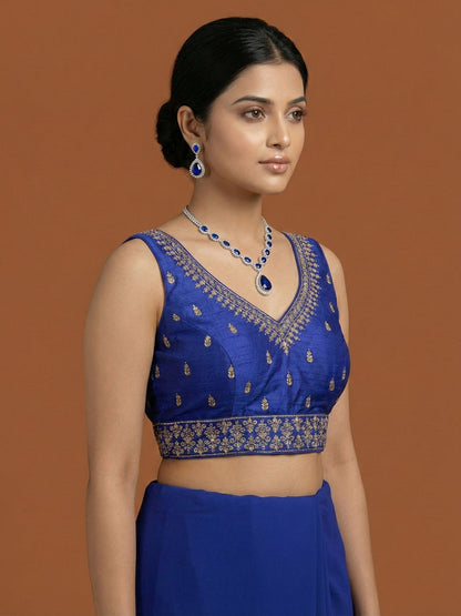 Silk Embroidered Royal Blue Saree Blouse
