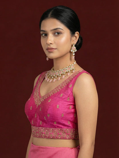 Silk Embroidered Light Rani Saree Blouse