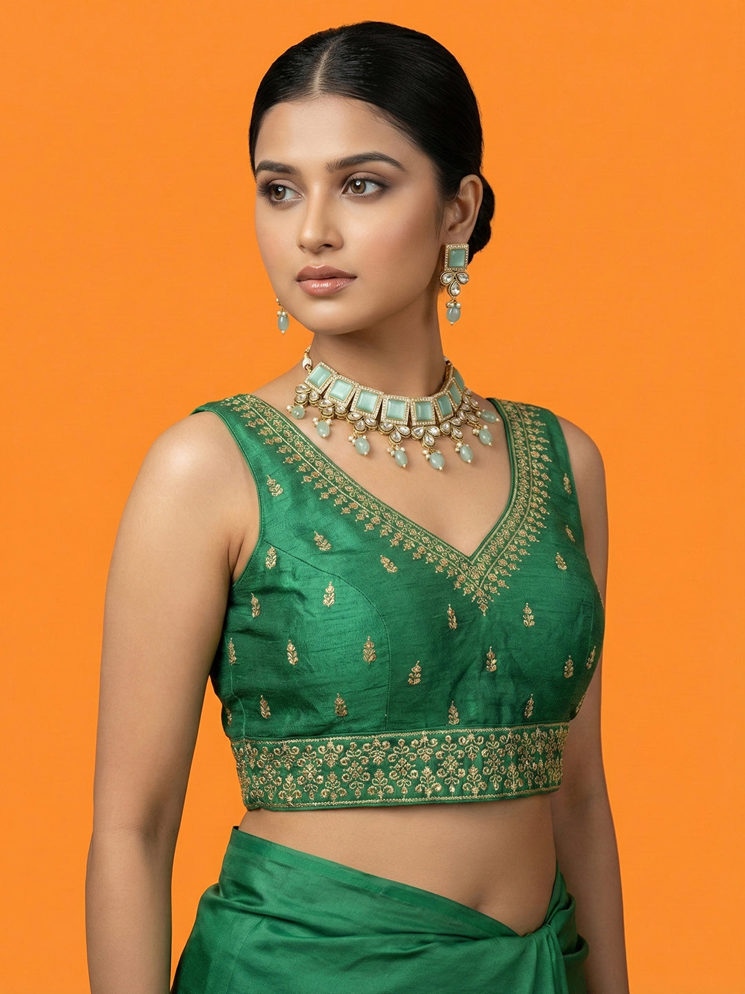Silk Embroidered Bottle Green Saree Blouse