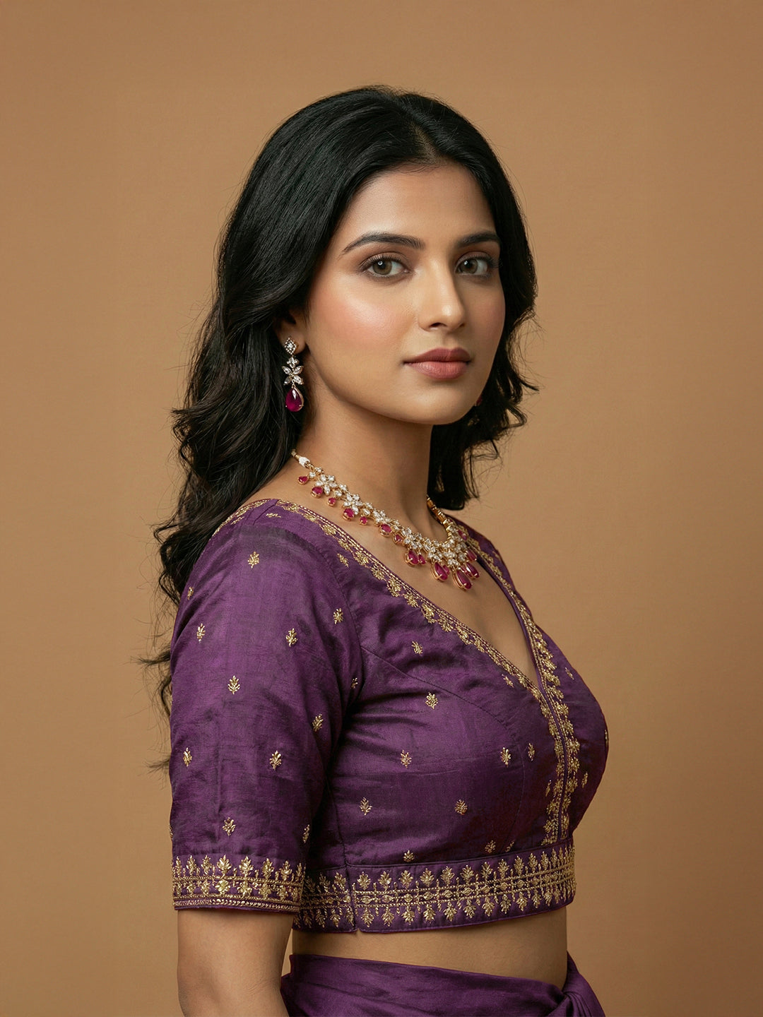 Women's Purple Capri Silk Embroidered Saree Blouse