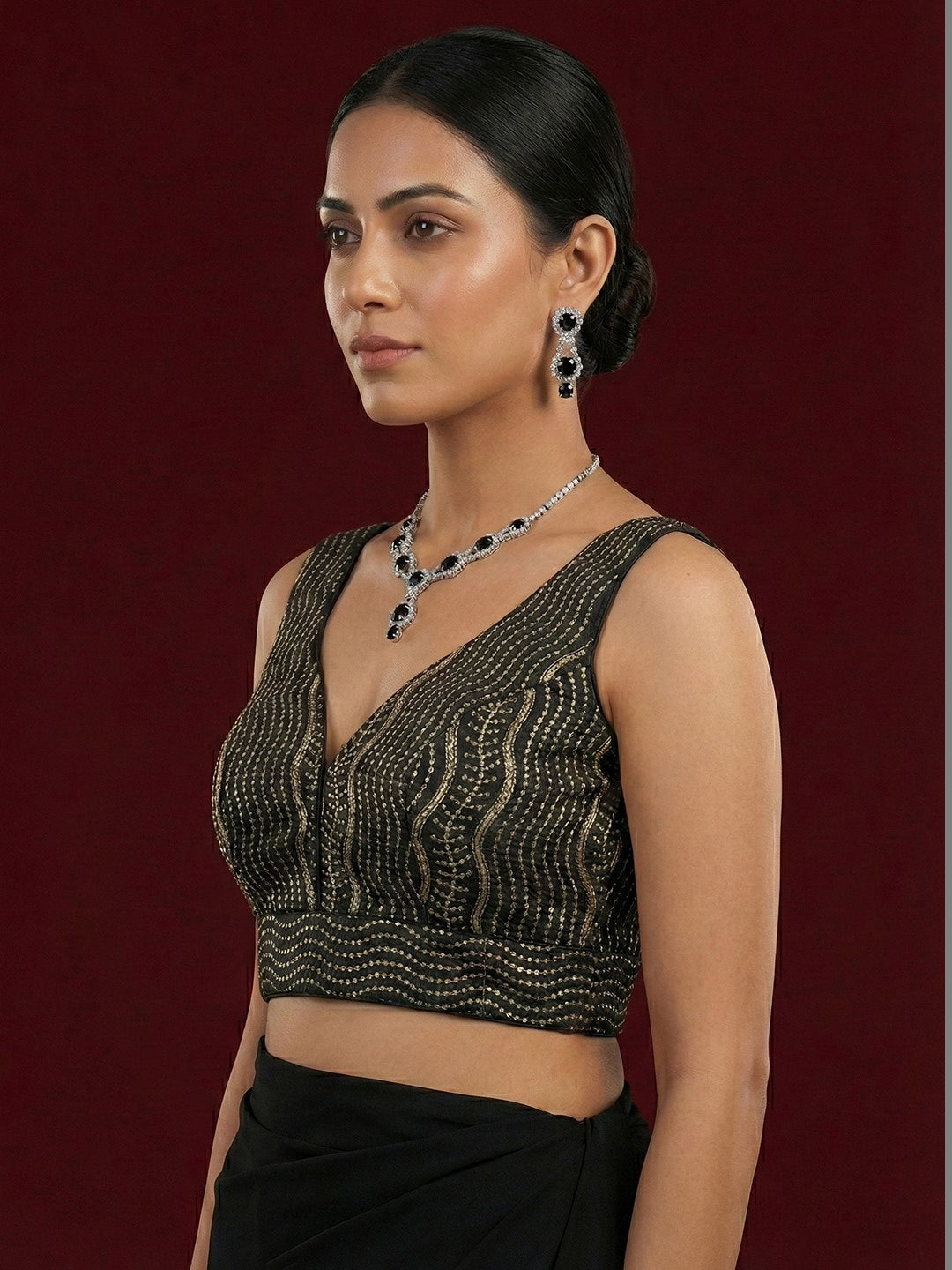 Satin Black Embroidered Blouse