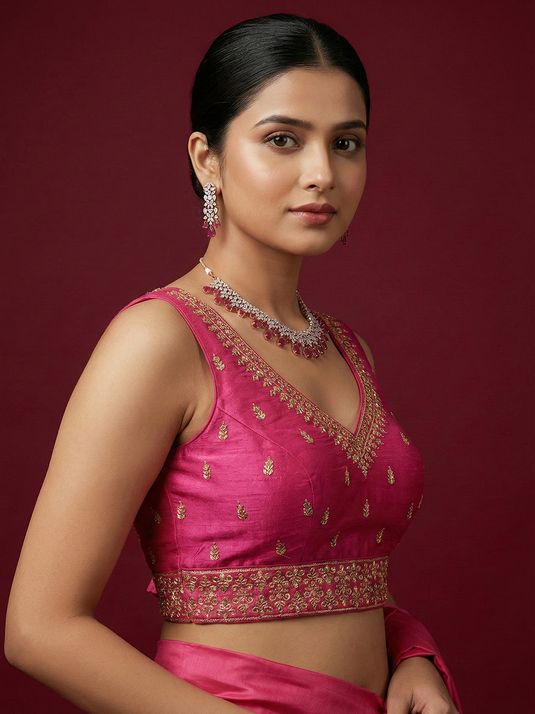 Silk Embroidered Dark Rani Saree Blouse