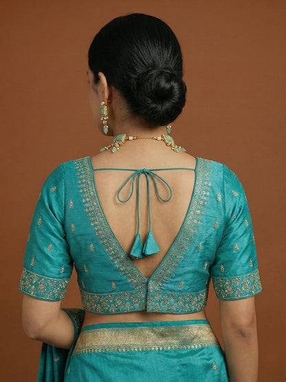 Silk Embroidered Blue Saree Blouse