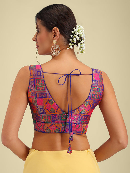 Woven Navy Blue Multi Colour Design Saree Blouse