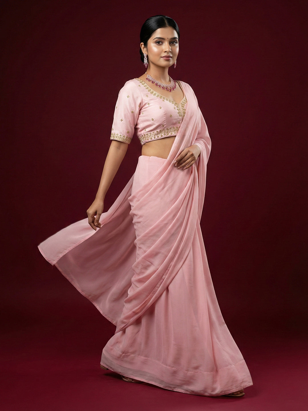 Women's Pink Capri Silk Embroidered Saree Blouse
