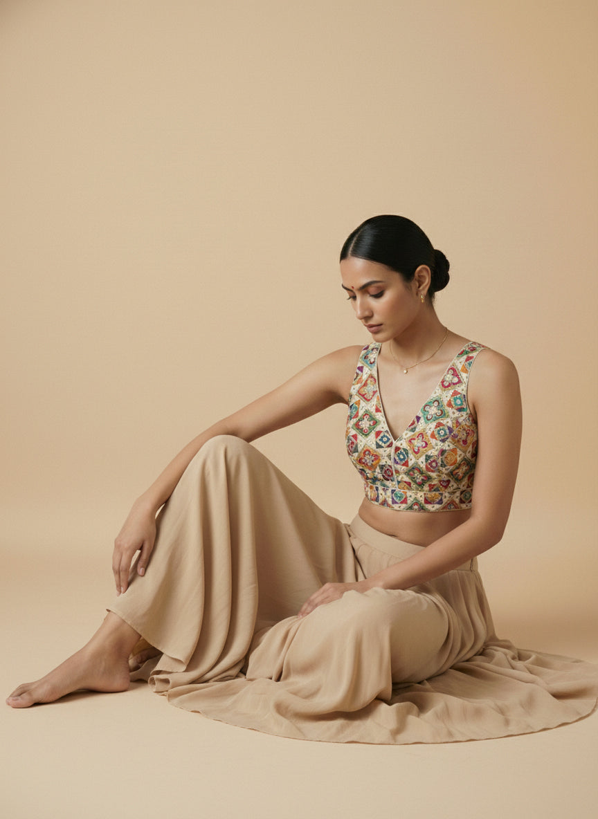 Viraasat Cream Embroidered Designer Saree Blouse