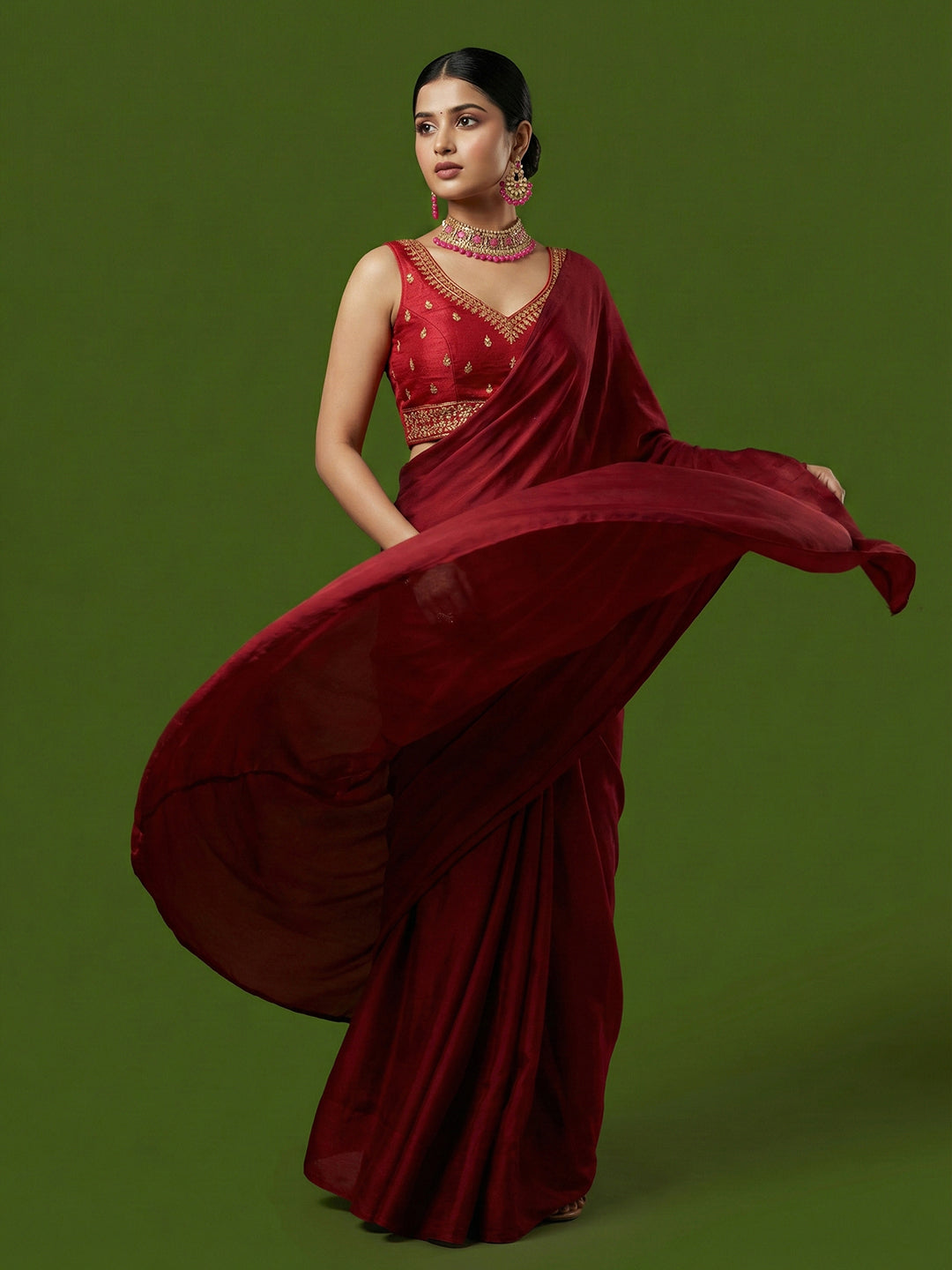 Silk Embroidered Red Saree Blouse