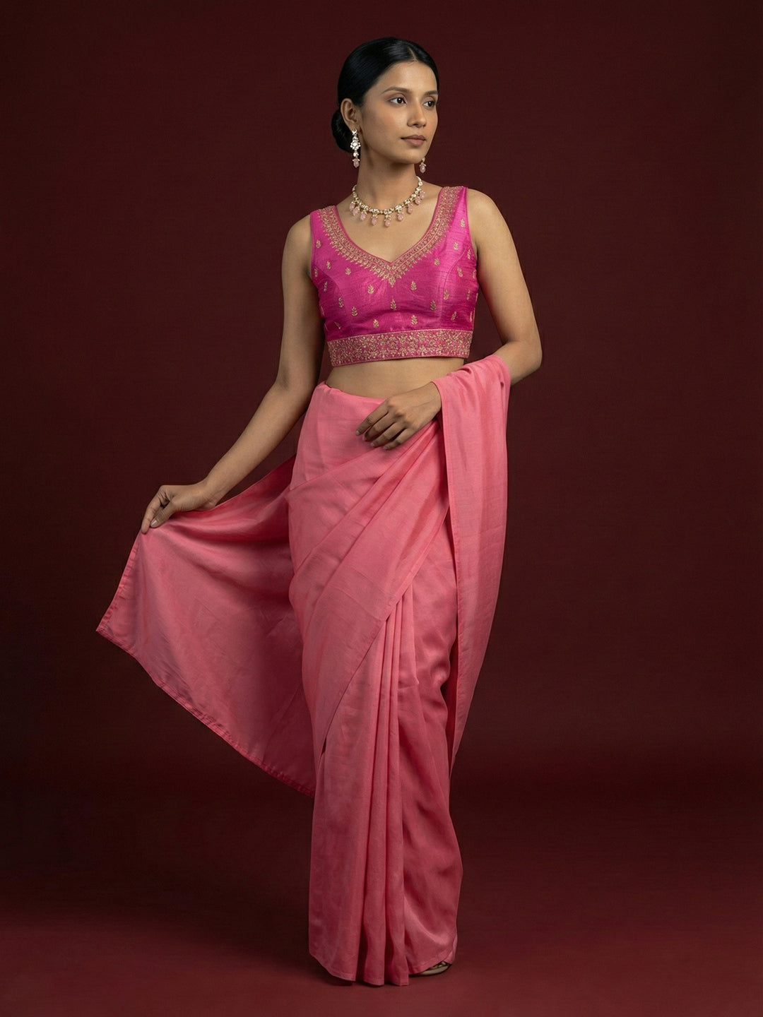 Silk Embroidered Light Rani Saree Blouse