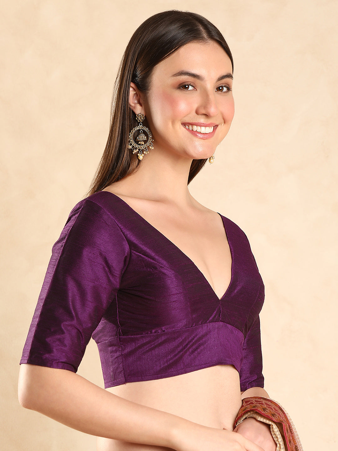Padded V Neck Silk Saree Blouse