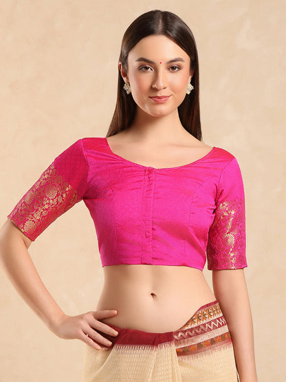 Pink woven, padded, short sleeves saree blouse