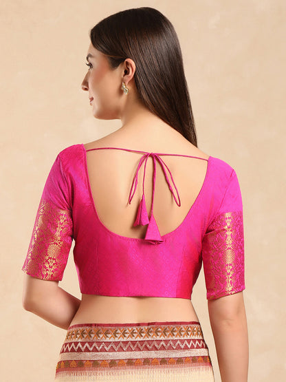 Pink woven, padded, short sleeves saree blouse