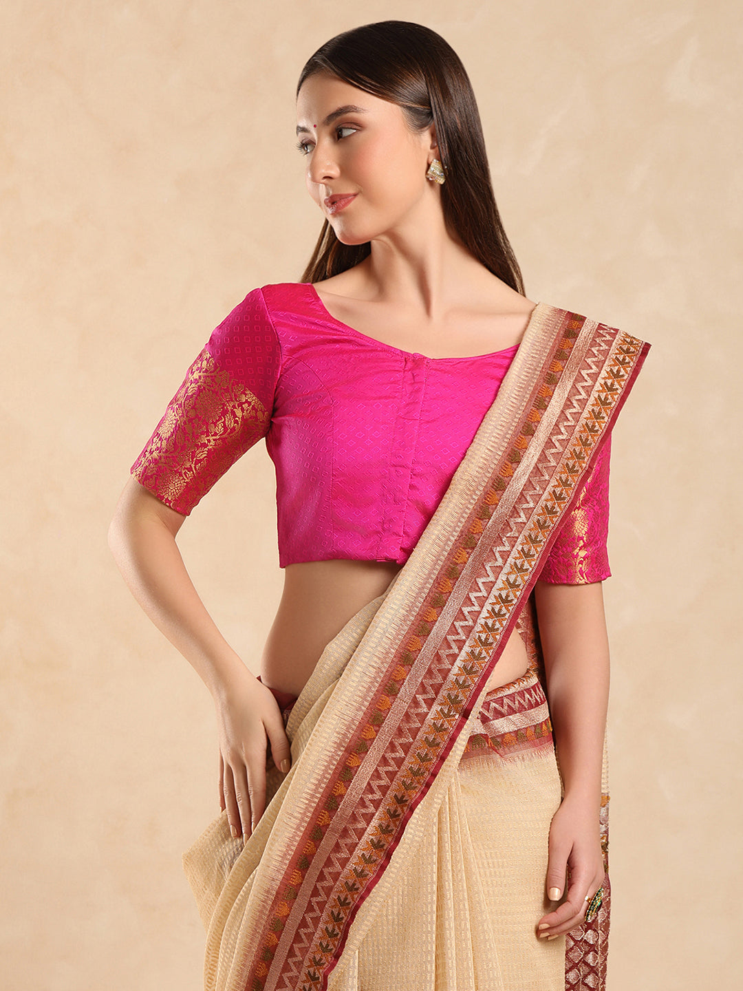 Pink woven, padded, short sleeves saree blouse